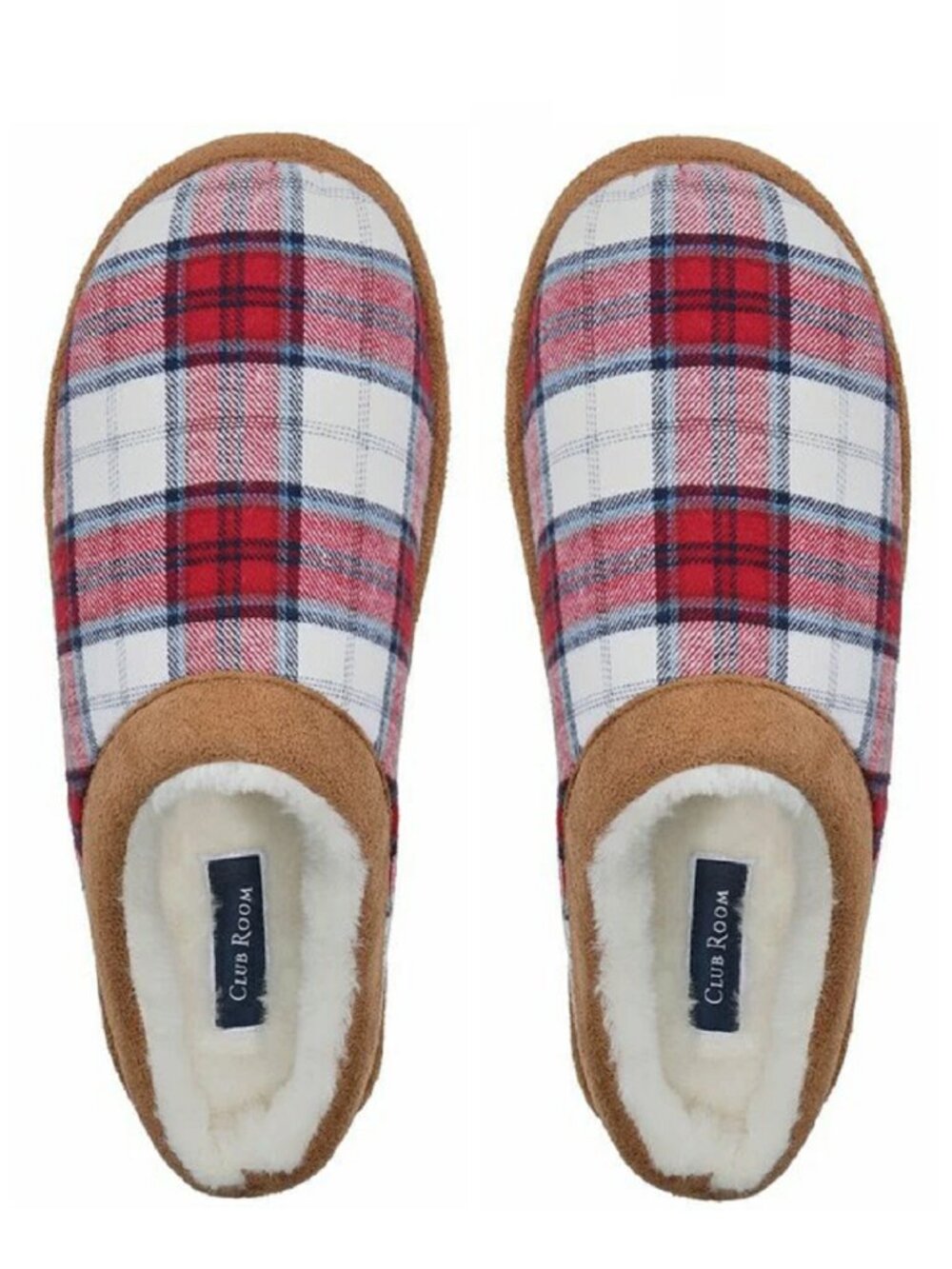 new Club Room Men's Red Tartan Plaid Slip-On Slippers in Size Small 6 - 7